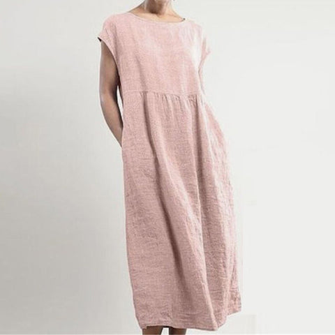 Cotton Linen Pockets Long Dress Women Solid Sleeveless O-neck Maxi Loose Baggy Kaftan Maxi Dress Casual Elegant Sundress 2022