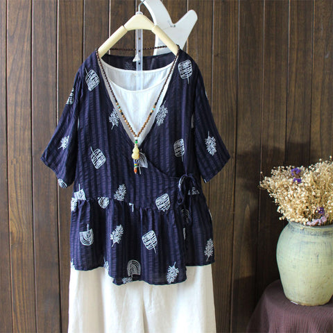 Cotton Linen Shirt V-Neck Tops Short Sleeved Wrapped Lace Up Summer Retro Vintage Printed Blouse Woman Blusas Clothes