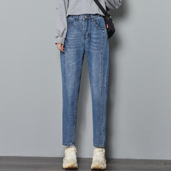 Cotton Straight Jeans Woman Elasticity High Waist Jeans Woman Plus Size Mom Jeans Blue Loose Harem Pants Sale