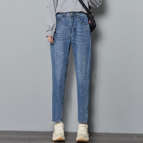 Cotton Straight Jeans Woman Elasticity High Waist Jeans Woman Plus Size Mom Jeans Blue Loose Harem Pants Sale