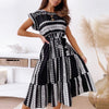 Cotton Women Diamond Short Sleeve Printed Ruffle Stitching Midi Dress 2022 Summer Elegant Female O Neck Boho Casual Beach Dress