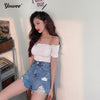 Cotton Women's High Waist Denim Shorts Ripped Hollow Out Hole Streetwear Plus Size Black Blue Jean 2022 Summer