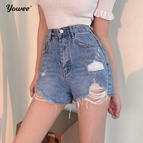 Cotton Women's High Waist Denim Shorts Ripped Hollow Out Hole Streetwear Plus Size Black Blue Jean 2022 Summer