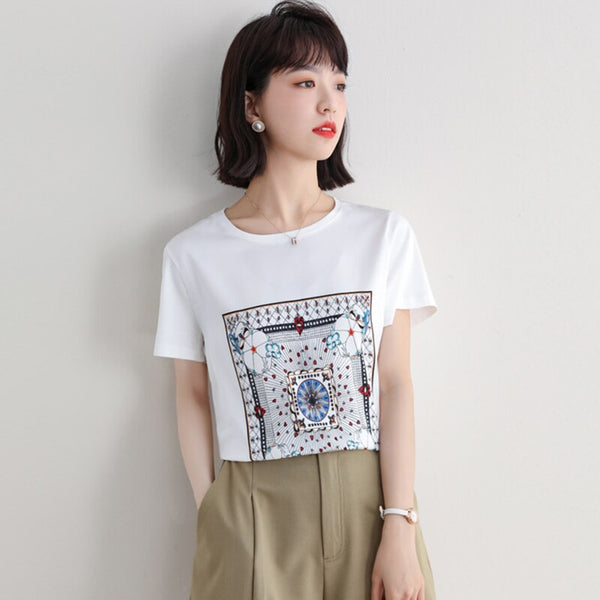 Cotton Women's T-shirt Printing O-neck Tees Casual Loose Short Sleeve Top Female Clothes T Shirt