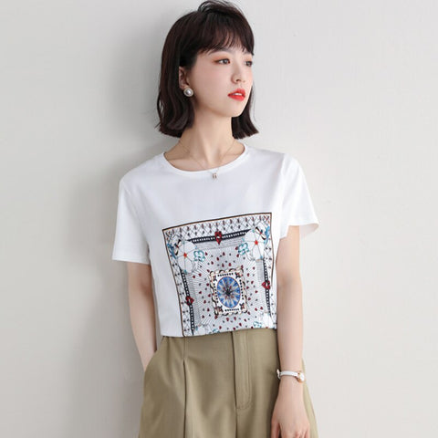 Cotton Women's T-shirt Printing O-neck Tees Casual Loose Short Sleeve Top Female Clothes T Shirt