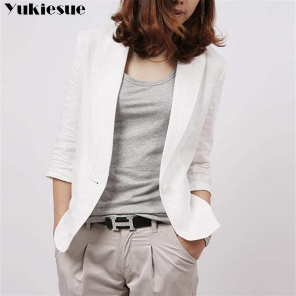 Cotton and Linen Small Suit Women's Jacket Autumn Spring and Summer Slim Slimming Cropped Sleeves Short Shirt White