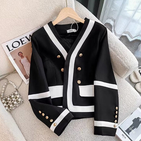 Court Style Black White Contrast Women Coat High-Quality Light  Metal Buckle suit Female clothes