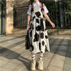 Cow Print Dresses Women A-line Students All-match Folds Midi Sweet Harajuku Design BF Casual Korean Style Summer College Vestido