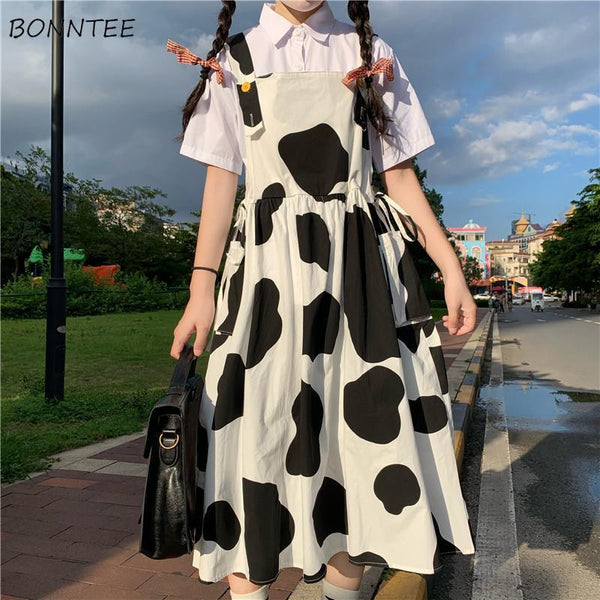 Cow Print Dresses Women A-line Students All-match Folds Midi Sweet Harajuku Design BF Casual Korean Style Summer College Vestido