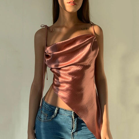 Crop Tops Women's Sexy Low Cut Satin Camis Irregular Backless Sexy Blouse Ladies Spaghetti Strap Tank Top