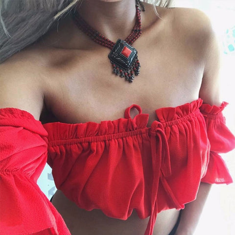 Crop tops women 2022 summer lantern sleeve sexy strapless beach tops plus size red black white ruched crop top tank top croptop