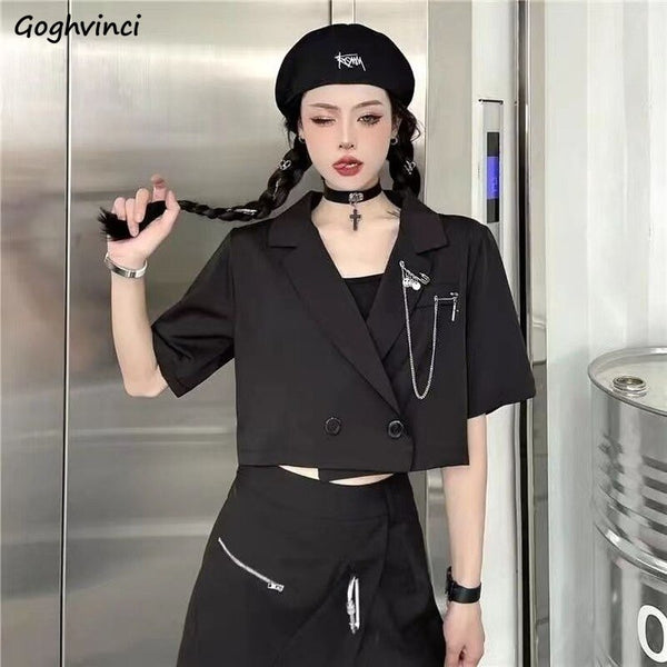 Cropped Blazers Women Fashionable Stylish Leisure All-match Black Notched Summer Short Sleeve Korean Style Design Overcoat Lady