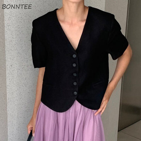 Cropped Blazers Women Korean Style Summer Sexy V-neck Casual Vintage Single Breasted Harajuku Sleeve All-match Female Clothes