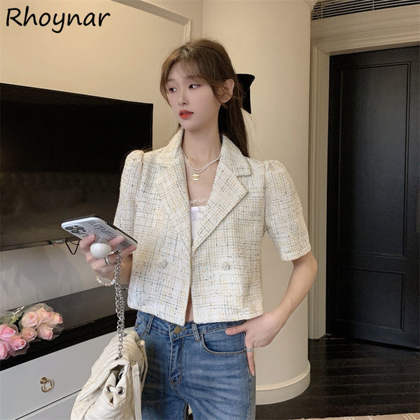 Cropped Blazers Women Short-sleeve Plaid Notched Elegant French Style Thin Summer Retro Tender Girlish Romantic Mujer Coats