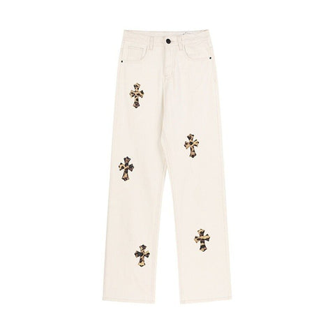 Cross-print casual jeans for womens retro street straight jeans for women y2k summer loose plus size high-waist jeans for womens