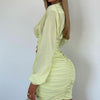 Cryptographic Spring Autumn Yellow Shirt Dress for Women Long Sleeve Turn-Down Collar Sexy Mini Dresses Ruched Outfits