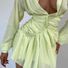Cryptographic Spring Autumn Yellow Shirt Dress for Women Long Sleeve Turn-Down Collar Sexy Mini Dresses Ruched Outfits