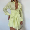 Cryptographic Spring Autumn Yellow Shirt Dress for Women Long Sleeve Turn-Down Collar Sexy Mini Dresses Ruched Outfits