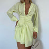 Cryptographic Spring Autumn Yellow Shirt Dress for Women Long Sleeve Turn-Down Collar Sexy Mini Dresses Ruched Outfits