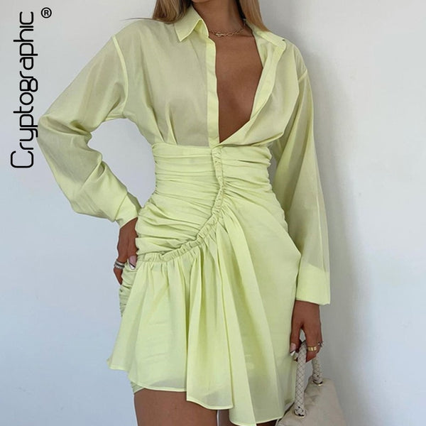 Cryptographic Spring Autumn Yellow Shirt Dress for Women Long Sleeve Turn-Down Collar Sexy Mini Dresses Ruched Outfits