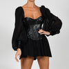 Cryptographic Square Collar PU Leather Sexy Backless Puff Sleeve Blouses Women Off Shoulder Tops Female Shirts Blusa Sheer Mesh