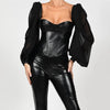 Cryptographic Square Collar PU Leather Sexy Backless Puff Sleeve Blouses Women Off Shoulder Tops Female Shirts Blusa Sheer Mesh