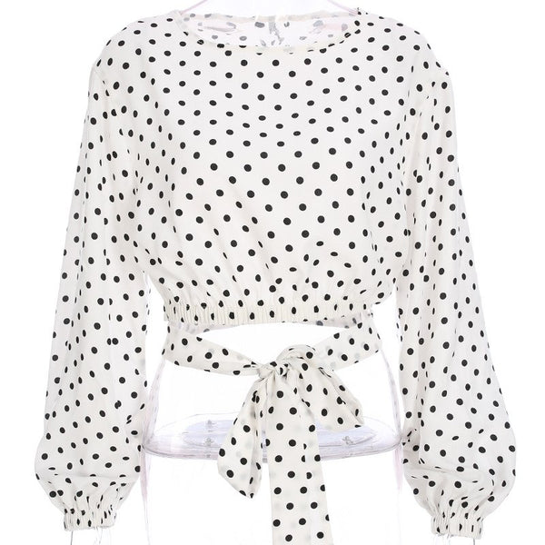 polka dot fashion sexy hollow out belt blouses shirts puff sleeve women tops and blouses 2022 autumn female blouse