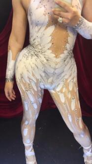 Crystals Wings Angel Jumpsuit White Feather 3D Printed Bodysuit Nigthclub Singer Dance Outfit Rhinestones Stage Rompers