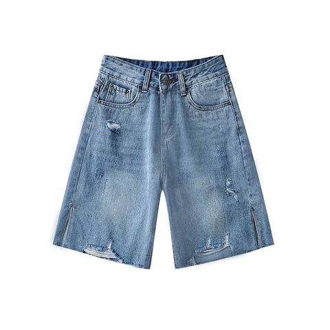 Cthink Good Quality Friend Style Knee Length Jeans Women Hole Casual Split Leg Open Jeans Pant For Woman Stylish Trouser