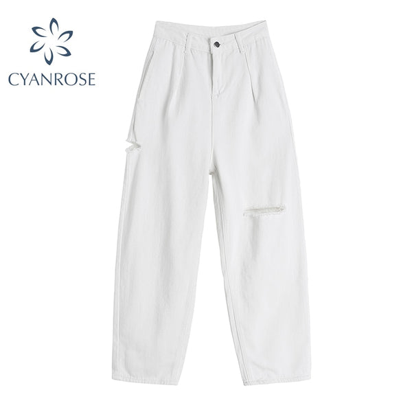 Cut Hollow Ripped Hole High Waist Jeans For Women Summer 2022 Korean Ins Style White Loose Casual Ladies Wide Leg Denim Pants
