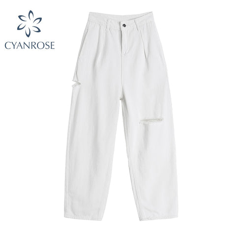 Cut Hollow Ripped Hole High Waist Jeans For Women Summer 2022 Korean Ins Style White Loose Casual Ladies Wide Leg Denim Pants