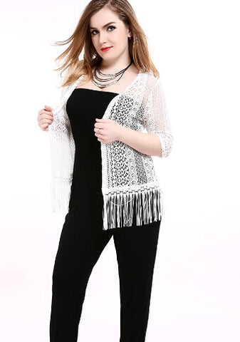 Women's Plus Size Summer Lace Blazer Half Sleeve Tassel Design White Blazer Cocktail Party Casual Wear 5XL 6XL 7XL