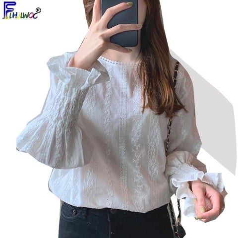 Cute Sweet Tops Women White Blouses Shirts Korea Preppy Style Casual White Floral Lace Crochet Top Vintage White Shirt 027