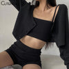 CuteSolid Knit 3 Piece Set Women Outfit Long Sleeve Cardigan Sweater+Camisole+Shorts Matching Lady Casual Streetwear
