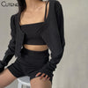 CuteSolid Knit 3 Piece Set Women Outfit Long Sleeve Cardigan Sweater+Camisole+Shorts Matching Lady Casual Streetwear