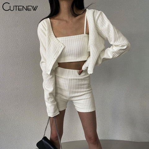 CuteSolid Knit 3 Piece Set Women Outfit Long Sleeve Cardigan Sweater+Camisole+Shorts Matching Lady Casual Streetwear