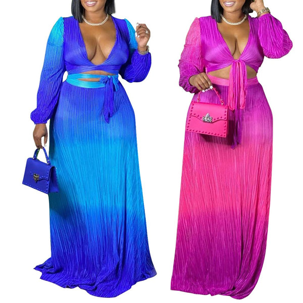 Cy1676 European and American sexy celebrities gradient evening dress V-neck bandage large women's two-piece set spot sup