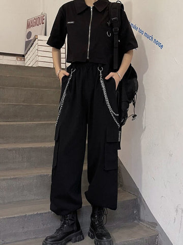 Cyber Punk Techwear Chain Cargo Pants Sets Y2k Women Clothes Short Sleeve Top Two Peice Set Female Summer Goth Hippie Streetwear
