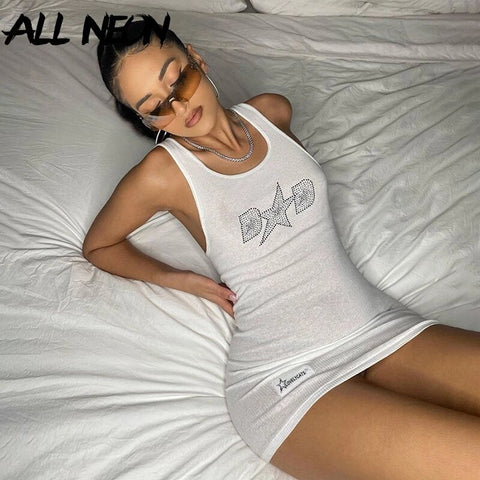 Cyber Y2K Diamond Letter Ribbed Tank Dresses Streetwear 2000s Bodycon Sleeveless White Short Dress Summer  Vintage