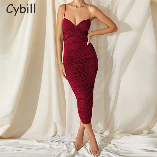 Cybill Spaghetti Strap Tight Bodycon Dress Sleeveless Ruched Midi Club Dress Backless Black Sexy Party Women Dresses