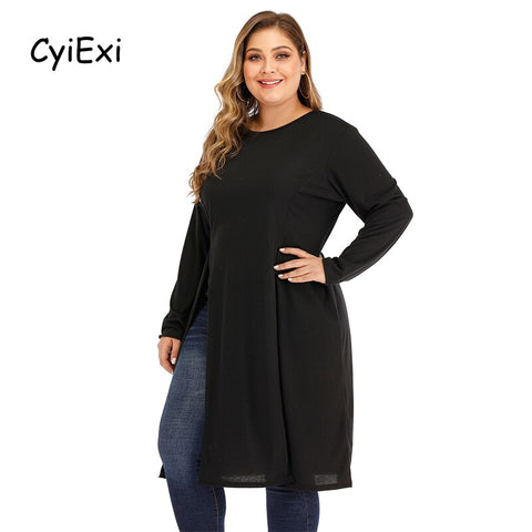 CyiExi Plus Size Black Long Blouse Shirt Women Chic Long Sleeve Top High Side Split Club Tops Large Mujer Camisas Blusas 3XL 4XL