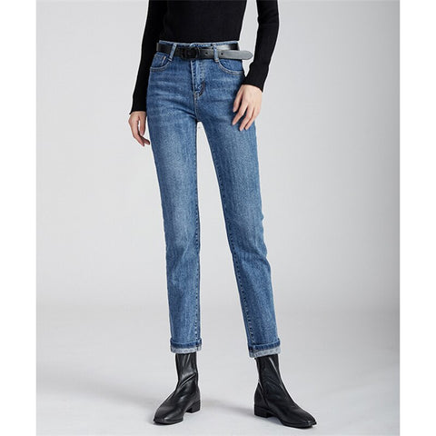 D09 High Waist Straight Jeans Women Korean Style Cotton Streetwear Simple All-Match Thin Good Quality Office Lady Denim Pants