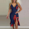 DAIGELO  Low-cut Dresses For Ladies Women V-neck Elegant Flower Prints Dress Party Dress Spaghetti Strap Dress Female