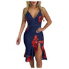 DAIGELO  Low-cut Dresses For Ladies Women V-neck Elegant Flower Prints Dress Party Dress Spaghetti Strap Dress Female