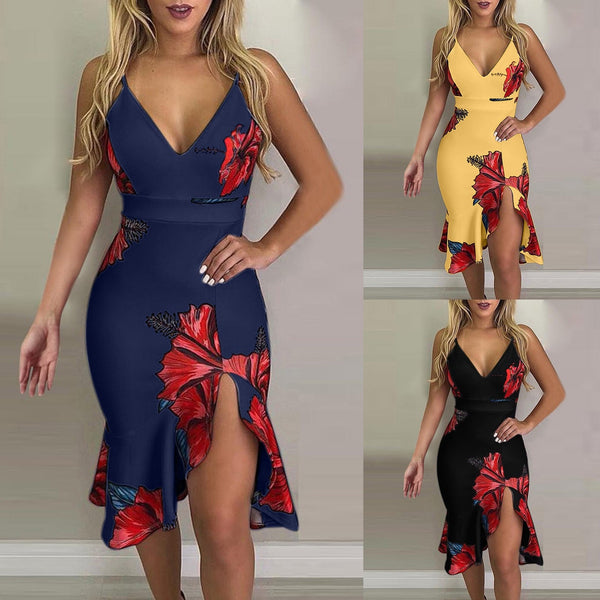 DAIGELO  Low-cut Dresses For Ladies Women V-neck Elegant Flower Prints Dress Party Dress Spaghetti Strap Dress Female