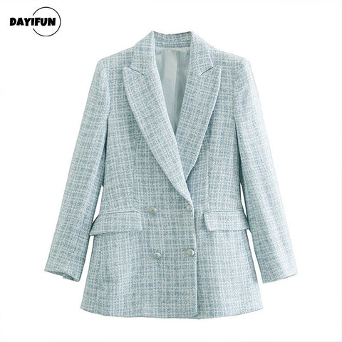 DAYIFUN 2023 Autumn Women Blazer Vintage Traf Woolen Jacket Plaid Long Sleeve Elegant Blazer Korean Ornate Buttons Coat