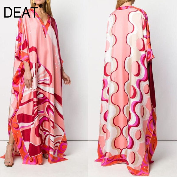 DEAT 2022 Bohemian Printed Over Size V-neck Batwing Sleeve Star Dress Women Elastic Silk Floor Length Tide AW962