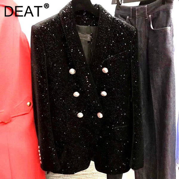 DEAT 2022 Autumn Winter Casual Long Sleeve Sequin Velvet Slim Black Double Breasted Blazer Coat Women SK647