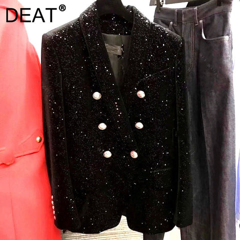 DEAT 2022 Autumn Winter Casual Long Sleeve Sequin Velvet Slim Black Double Breasted Blazer Coat Women SK647