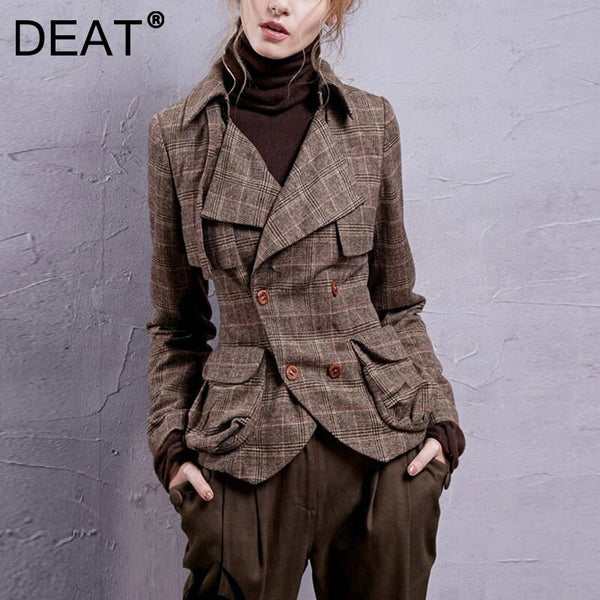 DEAT 2022 Autumn Winter Casual Long Sleeve Waist Lapel Show Thin Tweed Short Coat Blazer Women SK643